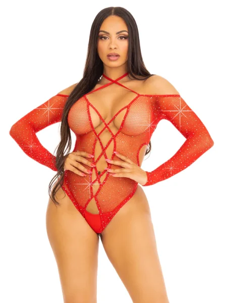 Body con Escote y Cristales Rojo - LEG AVENUE